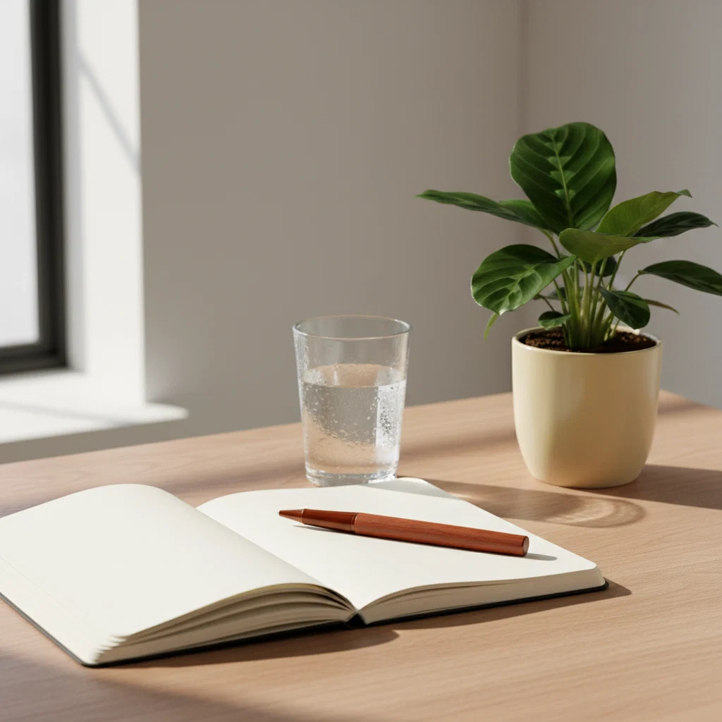 A tidy workspace with a notebook, a glass of water and a small potted plant on a wooden desk
