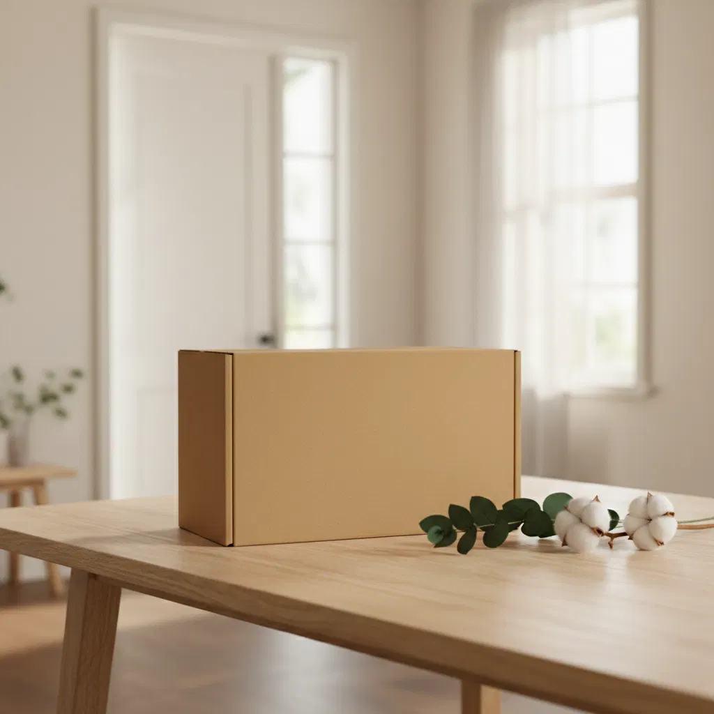 A neat kraft parcel box on a doorstep table ready for collection