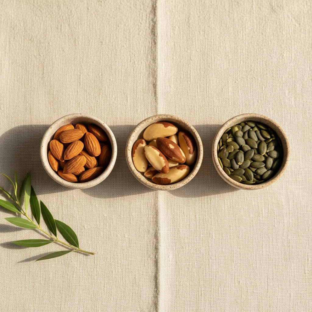 Almonds, pumpkin seeds and Brazil nuts in small ceramic bowls on a linen cloth