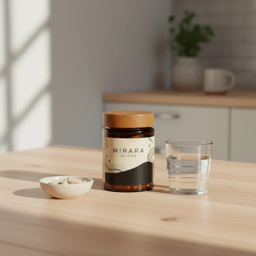 Mirara Reserve amber glass jar beside a glass of water on a bright kitchen table